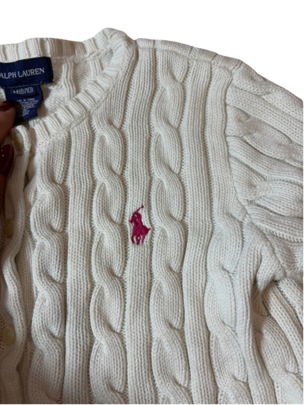 Ralph Lauren Girls Cable Knit Cardigan M 8 10 White Pink Pony Cotton Sweater